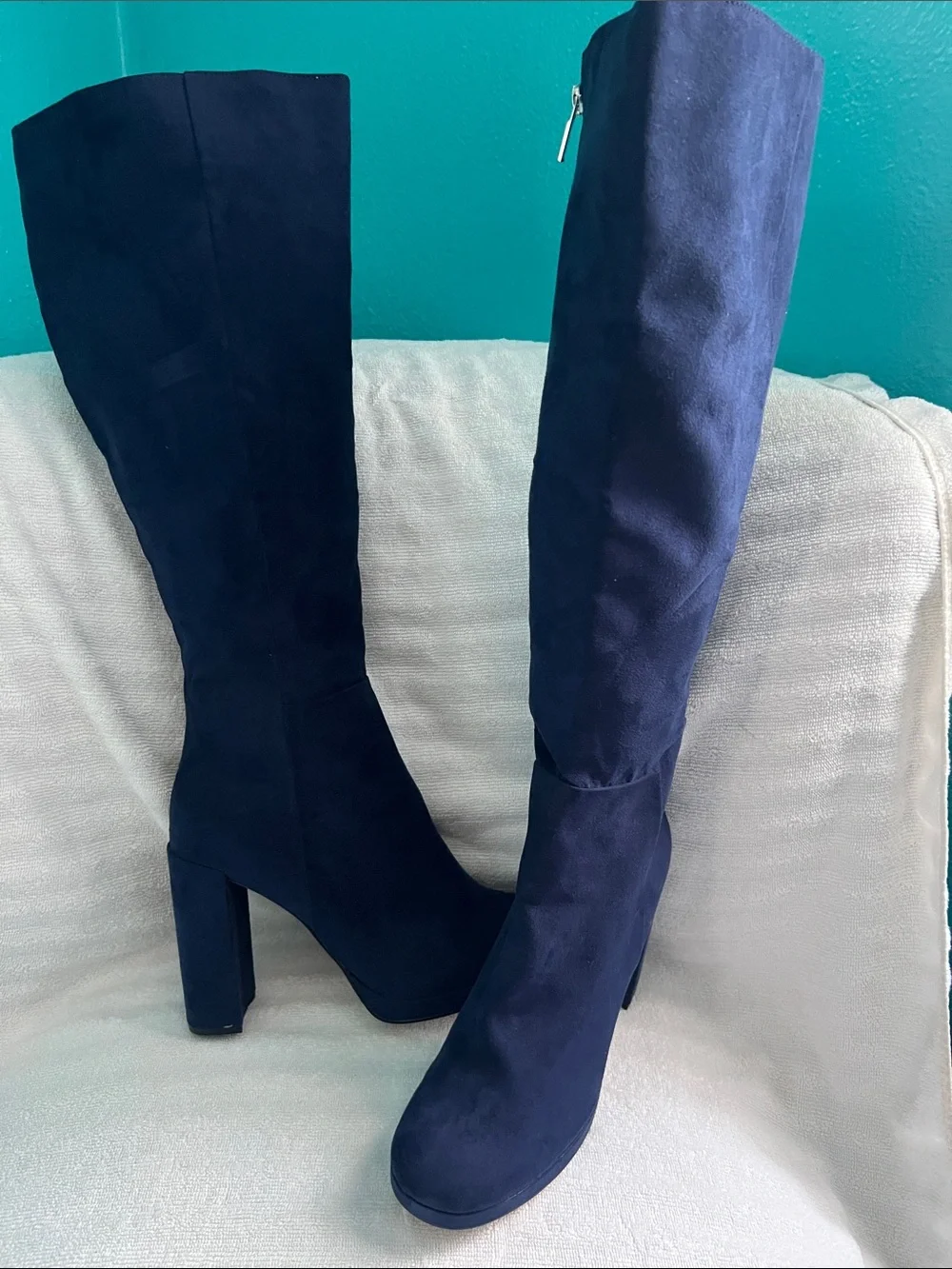 Women's Tall Navy Suede Block Heel Boots Size 10